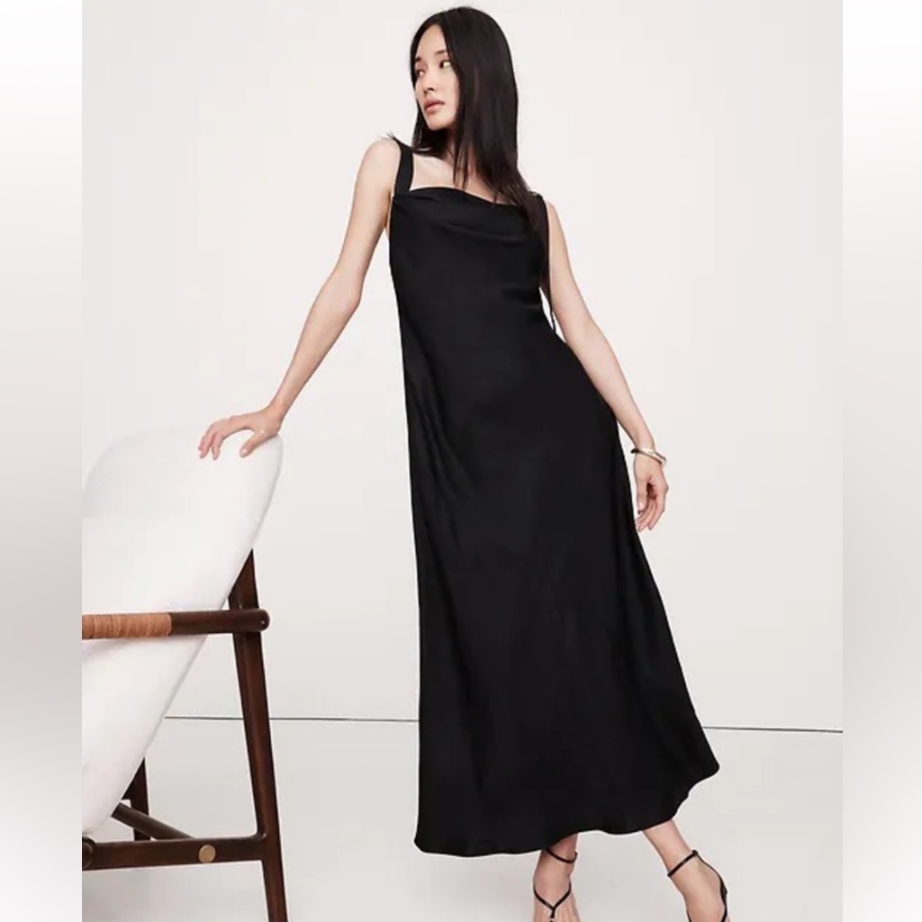 Nwt! Banana Republic Black Draped Viscose-Linen Maxi Dress - Large